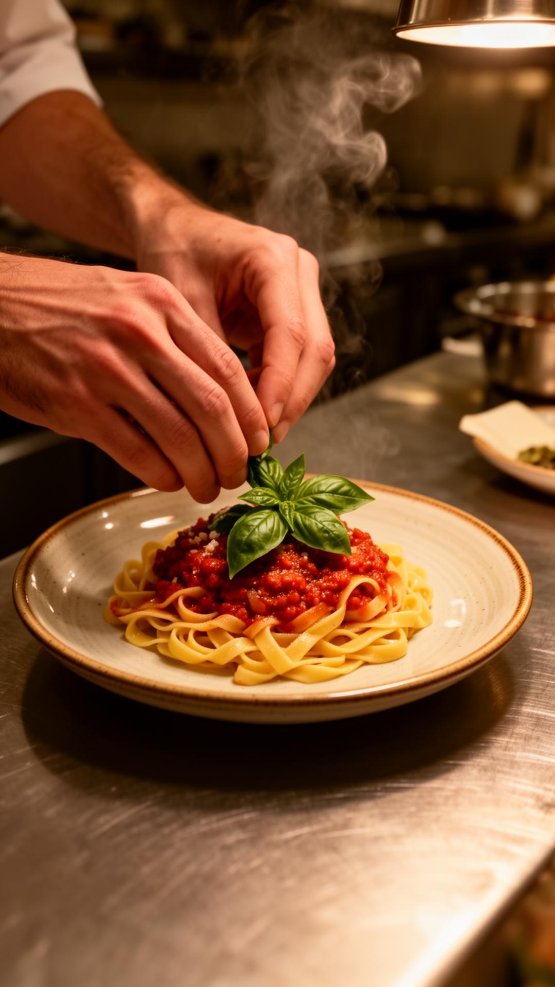 Le mani di uno chef italiano completano un piatto di pasta fresca