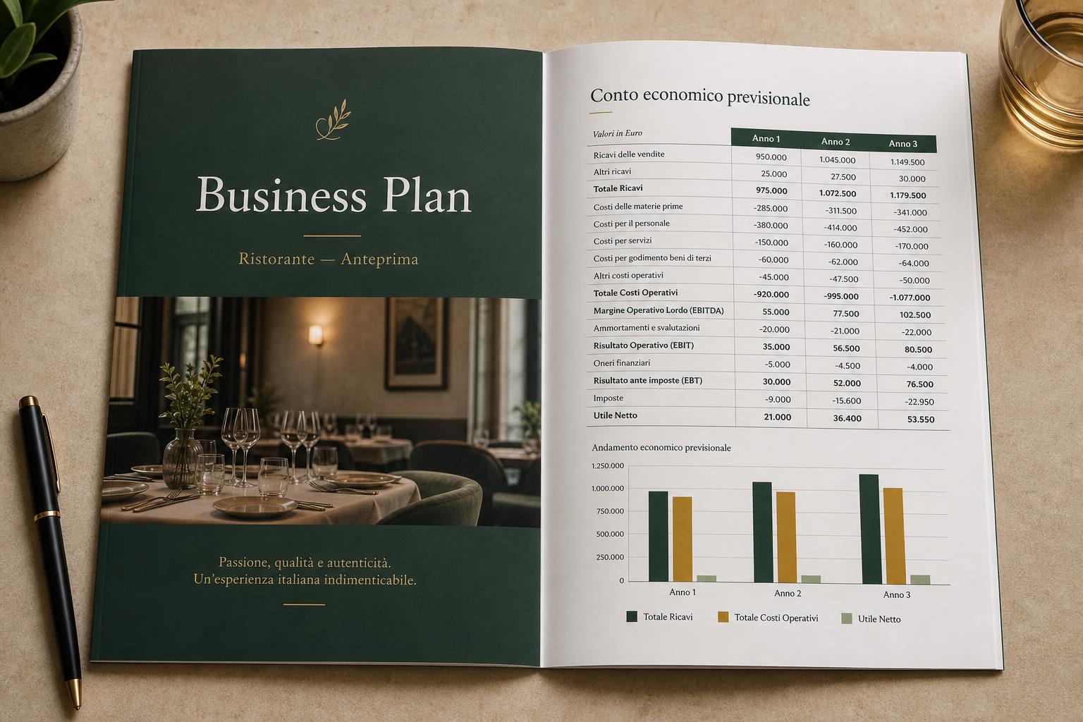 Il business plan PDF aperto: copertina brandizzata e conto economico previsionale a 3 anni