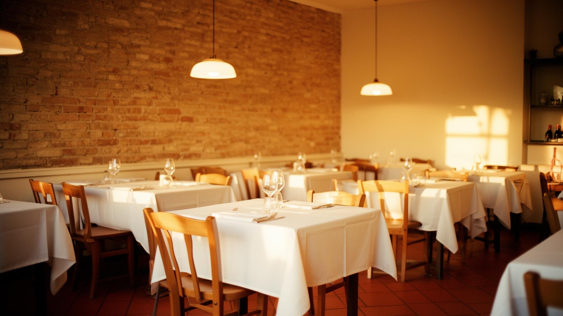 Sala di una trattoria italiana apparecchiata, atmosfera calda al tramonto